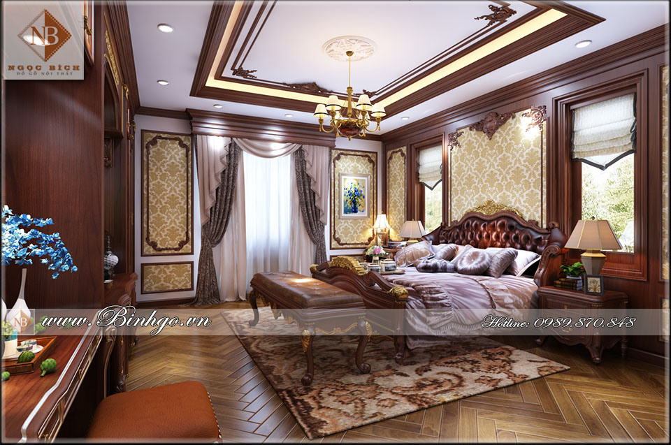 Phòng ngủ Master Biệt thự - Thi công nội thất phòng ngủ biệt thự bằng gỗ Gõ Đỏ đẳng cấp 