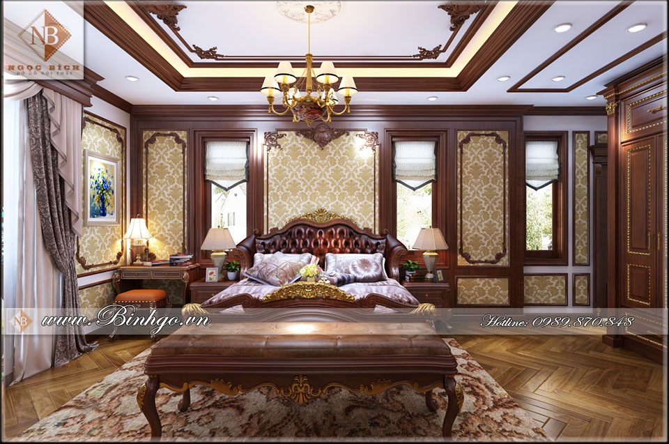Phòng ngủ Master Biệt thự - Thi công nội thất phòng ngủ biệt thự bằng gỗ Gõ Đỏ đẳng cấp 