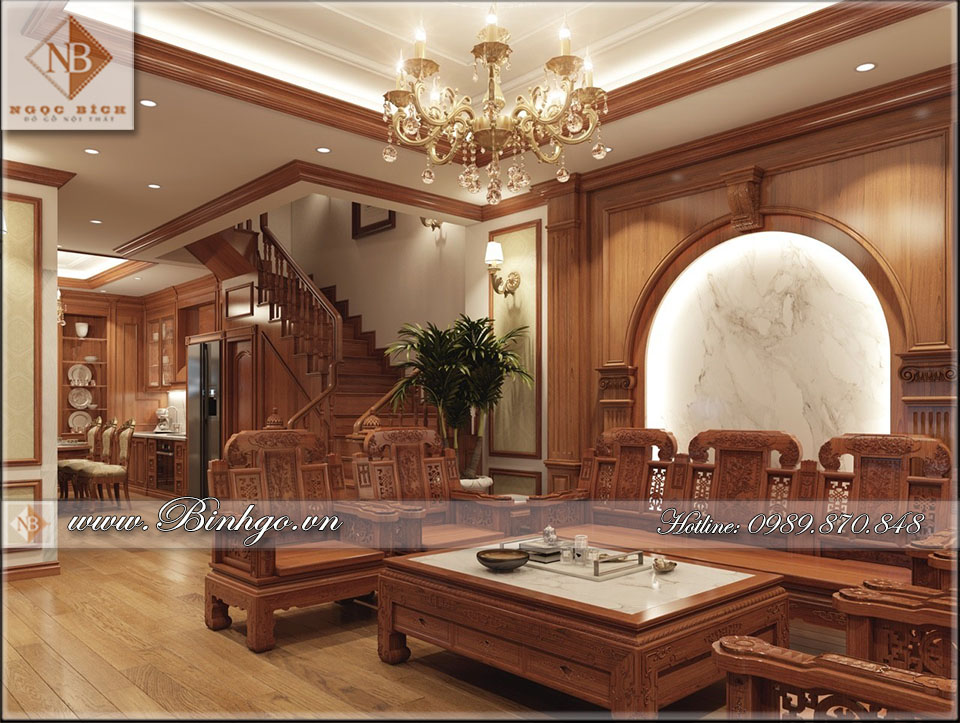 Phòng khách Biệt thự Tân Cổ điển được làm bằng gỗ gõ đỏ