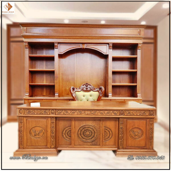Tủ tài liệu và bàn Giám Đốc mẫu tân cổ điển gỗ Gõ Đỏ. Tủ kích thước: 335x262x48cm.