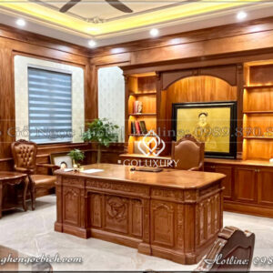 Combo Nội thất phòng làm việc của Giám Đốc / Chủ tịch bằng gỗ tự nhiên gồm: Bàn làm việc, Ghế làm việc, Tủ tài liệu, ghế trình ký, kệ Decor, Sofa tiếp khách