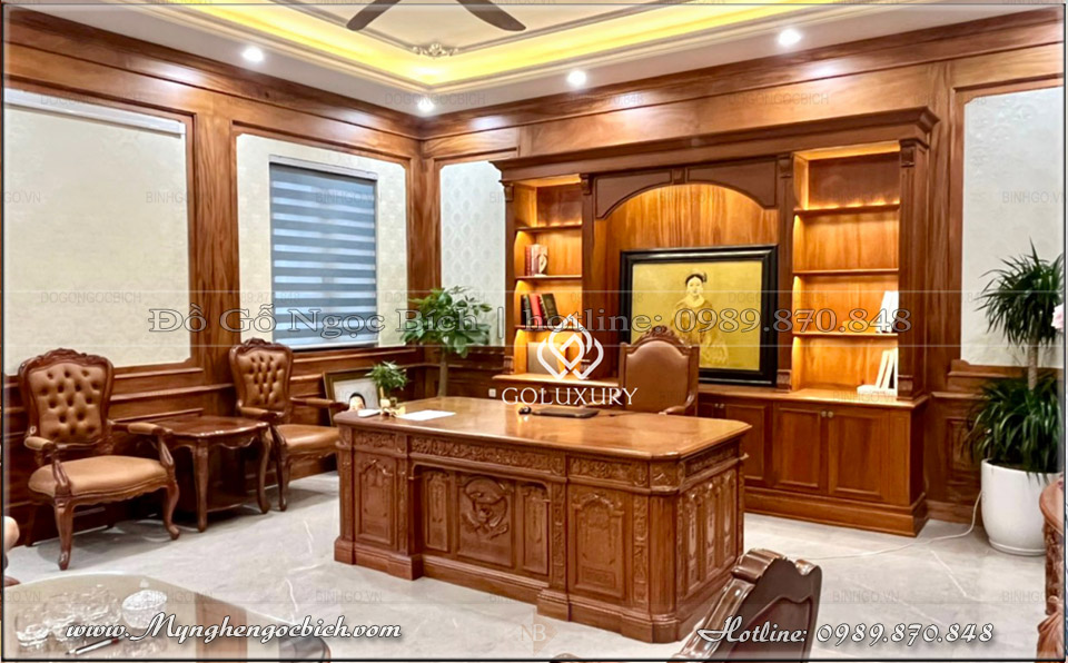 Combo Nội thất phòng làm việc của Giám Đốc / Chủ tịch bằng gỗ tự nhiên gồm: Bàn làm việc, Ghế làm việc, Tủ tài liệu, ghế trình ký, kệ Decor, Sofa tiếp khách