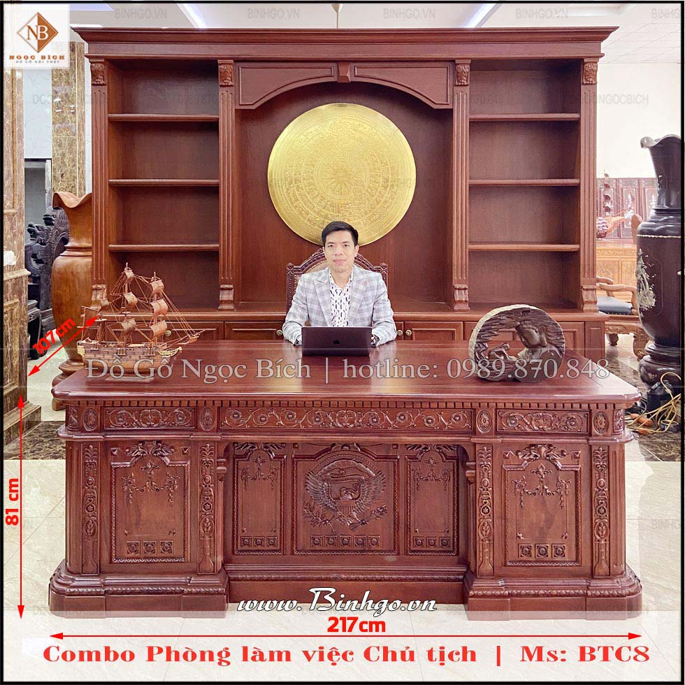 Combo bàn ghế làm việc phòng chủ tịch sơn màu Gỗ Cẩm Lai.
