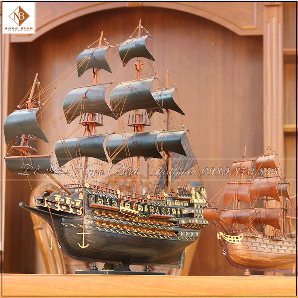 Mô hình Thuyền buồm phong thủy gỗ mun 80cm để bàn làm việc